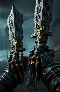 A pair of intricately designed Warhammer-style hands, adorned with detailed armor plating and glowing runes