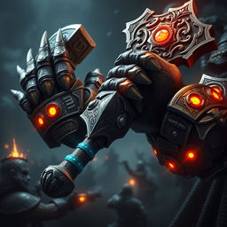 A stunning depiction of Warhammer-style hands, showcasing intricately designed armor with detailed engravings and vibrant, glowing runes