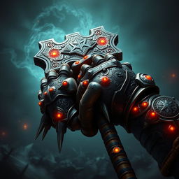A stunning depiction of Warhammer-style hands, showcasing intricately designed armor with detailed engravings and vibrant, glowing runes