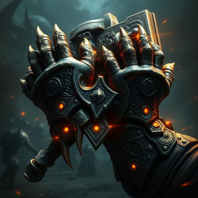 A stunning depiction of Warhammer-style hands, showcasing intricately designed armor with detailed engravings and vibrant, glowing runes