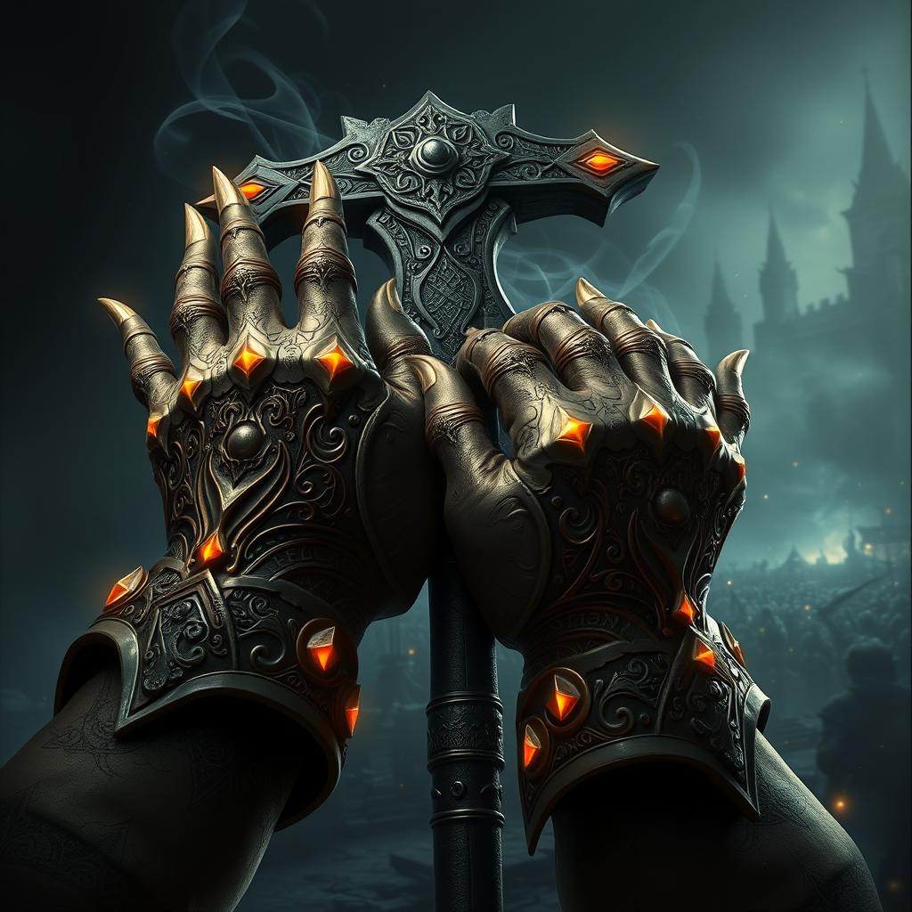 A stunning depiction of Warhammer-style hands, showcasing intricately designed armor with detailed engravings and vibrant, glowing runes