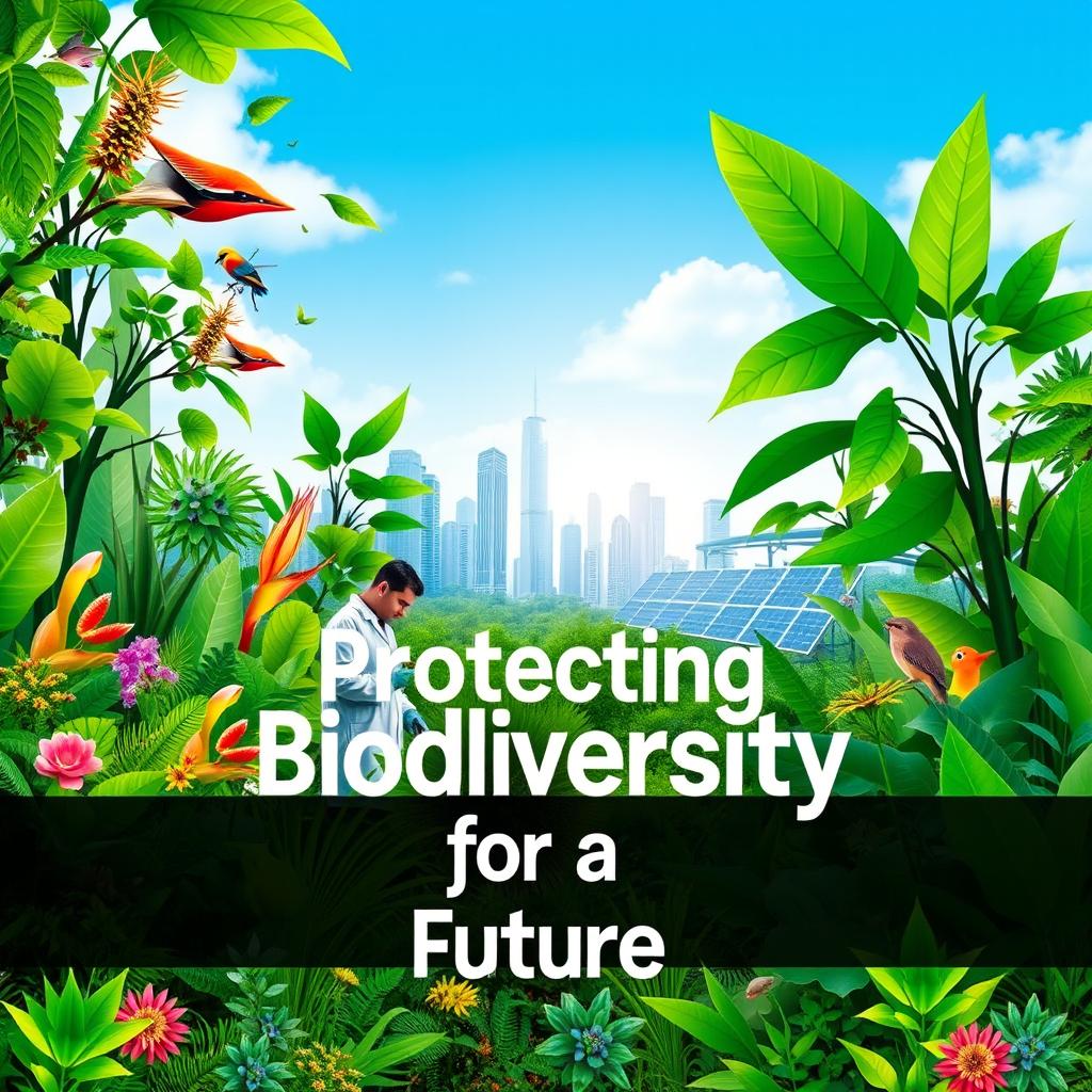 A visually striking digital poster that highlights the harmonious balance between biodiversity protection, economic growth, and scientific development