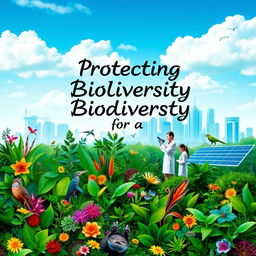 A visually striking digital poster that highlights the harmonious balance between biodiversity protection, economic growth, and scientific development