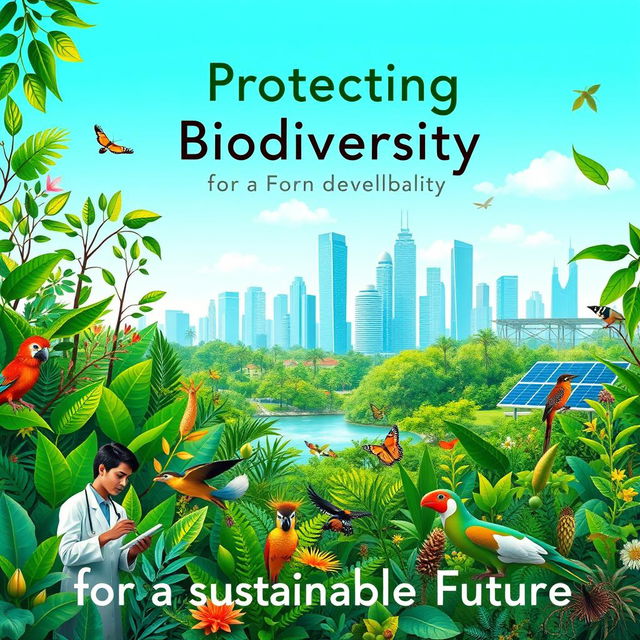 A visually striking digital poster that highlights the harmonious balance between biodiversity protection, economic growth, and scientific development