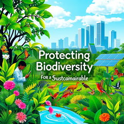 A visually striking digital poster that highlights the harmonious balance between biodiversity protection, economic growth, and scientific development