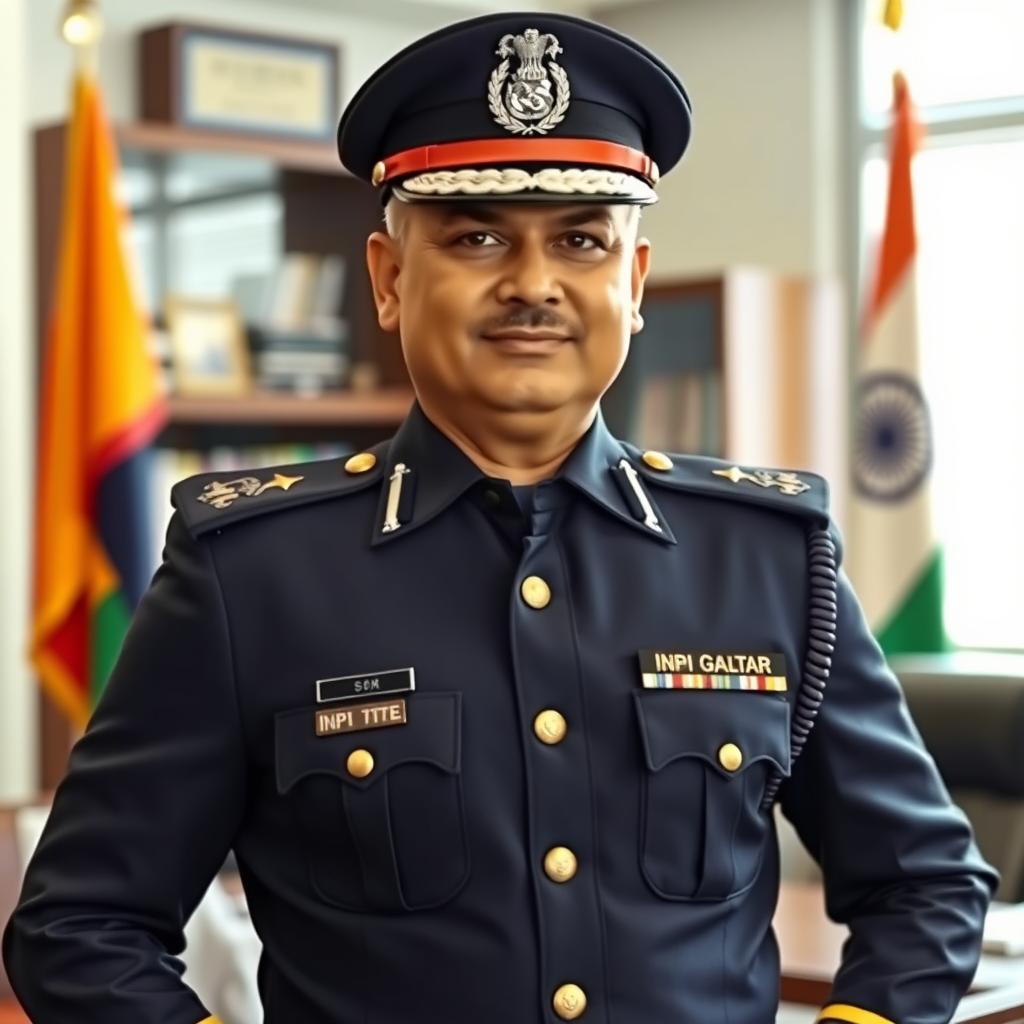 An elegant and authoritative depiction of an IPS officer in full uniform, standing confidently with a slight smile