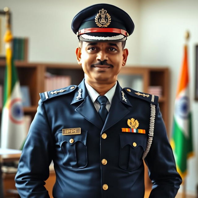 An elegant and authoritative depiction of an IPS officer in full uniform, standing confidently with a slight smile