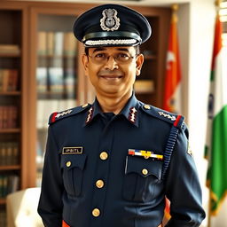 An elegant and authoritative depiction of an IPS officer in full uniform, standing confidently with a slight smile