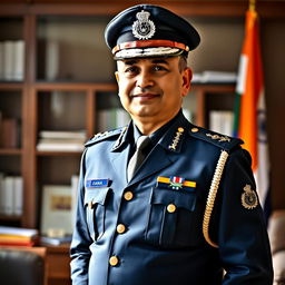 An elegant and authoritative depiction of an IPS officer in full uniform, standing confidently with a slight smile