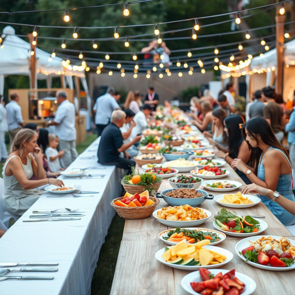 A vibrant outdoor food event for charity, featuring long communal tables decorated with simple yet elegant tableware