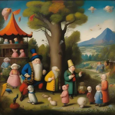 The gilbertian painting depicted a whimsical scene with vibrant colors and larger-than-life characters.