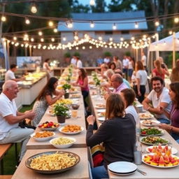 A vibrant outdoor food event for charity, featuring long communal tables decorated with simple yet elegant tableware
