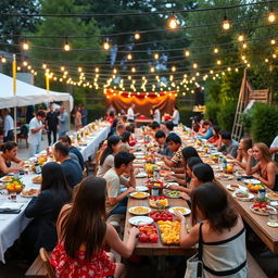 A vibrant outdoor food event for charity, featuring long communal tables decorated with simple yet elegant tableware