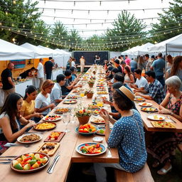 A vibrant outdoor food event for charity, featuring long communal tables decorated with simple yet elegant tableware