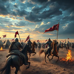 A dramatic and historically rich scene depicting the Battle of Karbala, with intricate details of the historic event