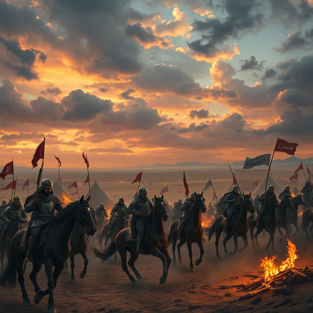 A dramatic and historically rich scene depicting the Battle of Karbala, with intricate details of the historic event