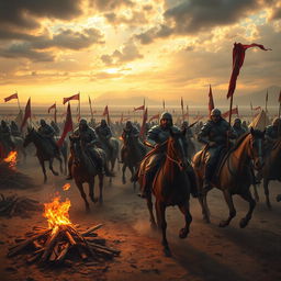 A dramatic and historically rich scene depicting the Battle of Karbala, with intricate details of the historic event