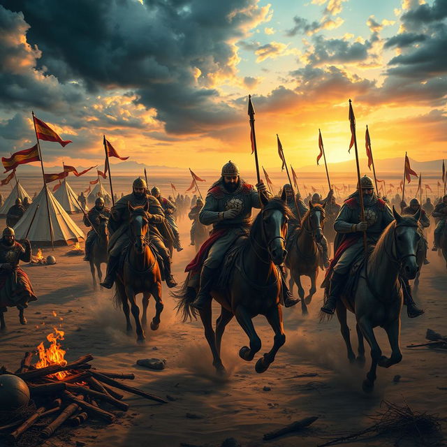 A dramatic and historically rich scene depicting the Battle of Karbala, with intricate details of the historic event