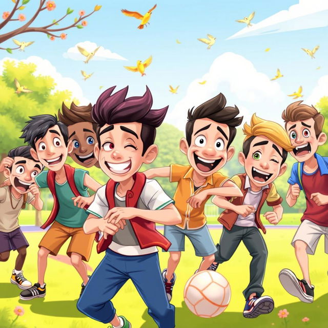 A vibrant cartoon animation scene featuring a group of diverse male characters with exaggerated features and colorful clothing, engaged in a lively activity such as playing sports or having a fun gathering