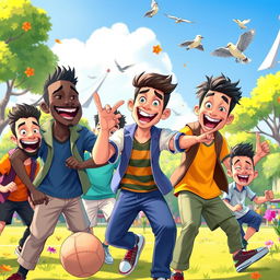 A vibrant cartoon animation scene featuring a group of diverse male characters with exaggerated features and colorful clothing, engaged in a lively activity such as playing sports or having a fun gathering