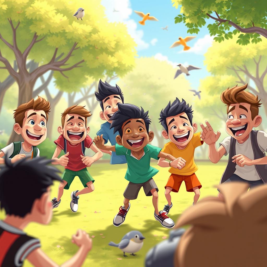 A vibrant cartoon animation scene featuring a group of diverse male characters with exaggerated features and colorful clothing, engaged in a lively activity such as playing sports or having a fun gathering