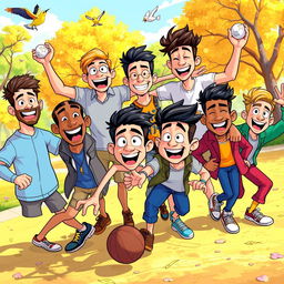 A vibrant cartoon animation scene featuring a group of diverse male characters with exaggerated features and colorful clothing, engaged in a lively activity such as playing sports or having a fun gathering
