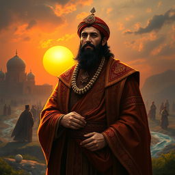 A majestic and serene representation of Imam Hussein, dressed in rich, traditional Middle Eastern attire, with intricate patterns and designs