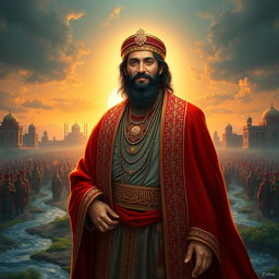 A majestic and serene representation of Imam Hussein, dressed in rich, traditional Middle Eastern attire, with intricate patterns and designs