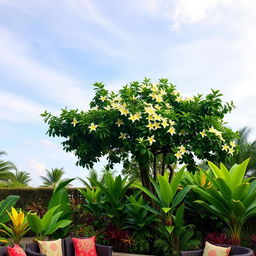 A serene outdoor scene featuring a frangipani tree in the background, richly adorned with green leaves