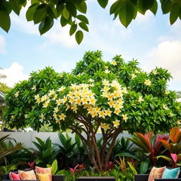 A serene outdoor scene featuring a frangipani tree in the background, richly adorned with green leaves
