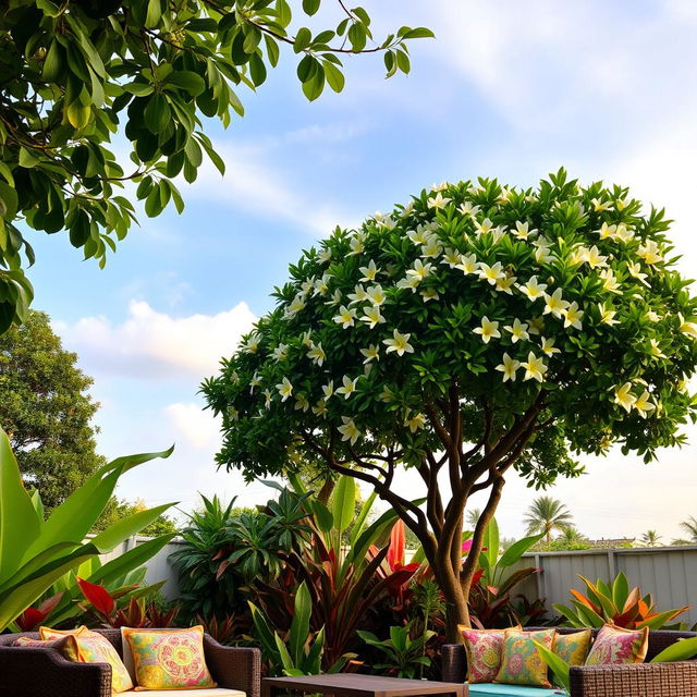 A serene outdoor scene featuring a frangipani tree in the background, richly adorned with green leaves