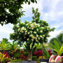 A serene outdoor scene featuring a frangipani tree in the background, richly adorned with green leaves