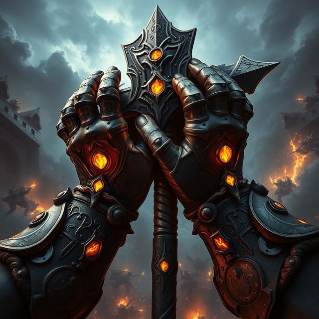 A dynamic depiction of Warhammer-style hands, featuring elaborately crafted armor with intricate designs and glowing symbols