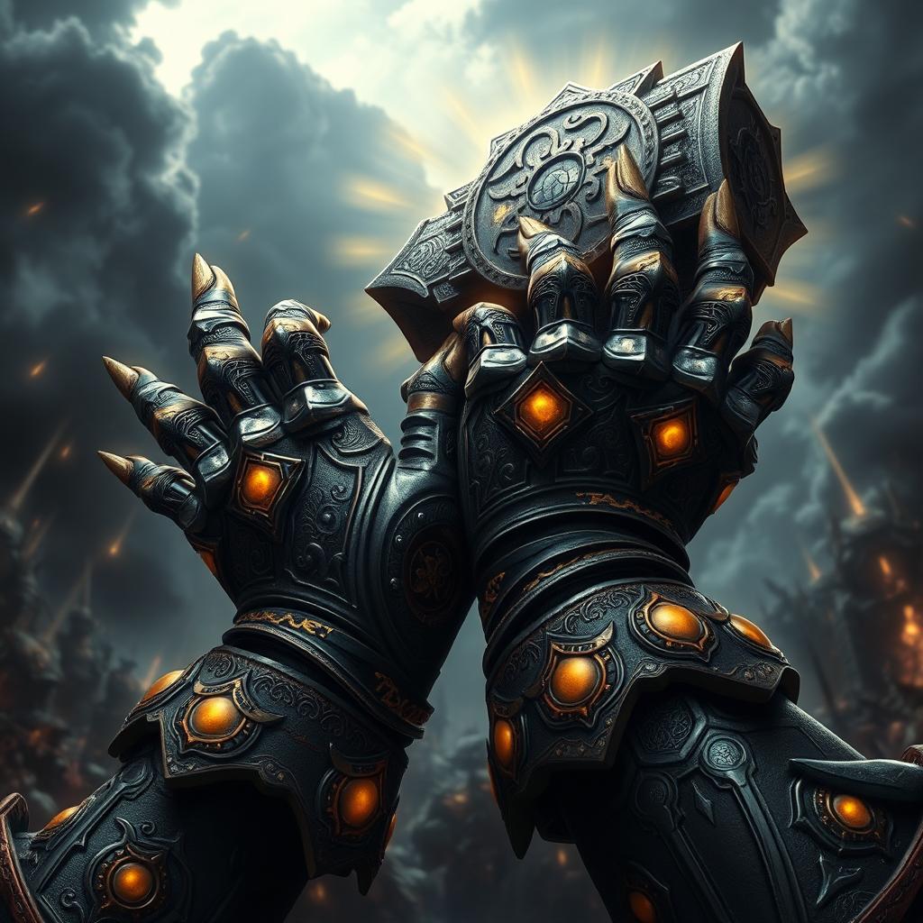 A dynamic depiction of Warhammer-style hands, featuring elaborately crafted armor with intricate designs and glowing symbols