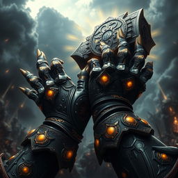 A dynamic depiction of Warhammer-style hands, featuring elaborately crafted armor with intricate designs and glowing symbols