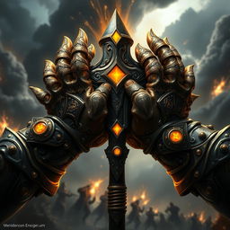 A dynamic depiction of Warhammer-style hands, featuring elaborately crafted armor with intricate designs and glowing symbols