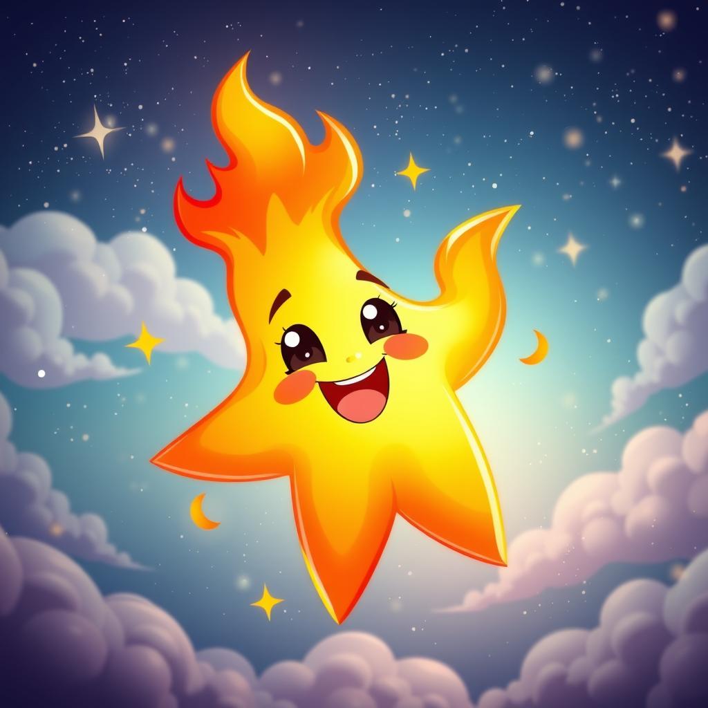 A vibrant and colorful cartoon animation of a fire star (bintang api), radiating energy and warmth