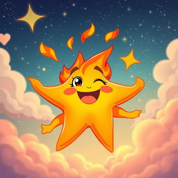 A vibrant and colorful cartoon animation of a fire star (bintang api), radiating energy and warmth