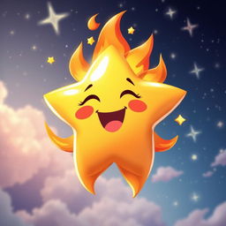 A vibrant and colorful cartoon animation of a fire star (bintang api), radiating energy and warmth