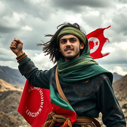 A young Kurdish man wearing traditional Kurdish attire, passionately fighting for his country's freedom