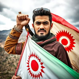 A young Kurdish man wearing traditional Kurdish attire, passionately fighting for his country's freedom