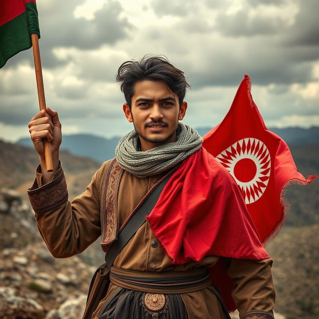 A young Kurdish man wearing traditional Kurdish attire, passionately fighting for his country's freedom