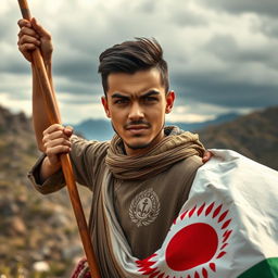 A young Kurdish man wearing traditional Kurdish attire, passionately fighting for his country's freedom