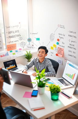A visually inspiring scene depicting a person sitting at a modern desk, surrounded by multiple digital devices such as a laptop, tablet, and smartphone, each displaying graphs and icons representing various online earning methods like affiliate marketing, e-commerce, and digital products