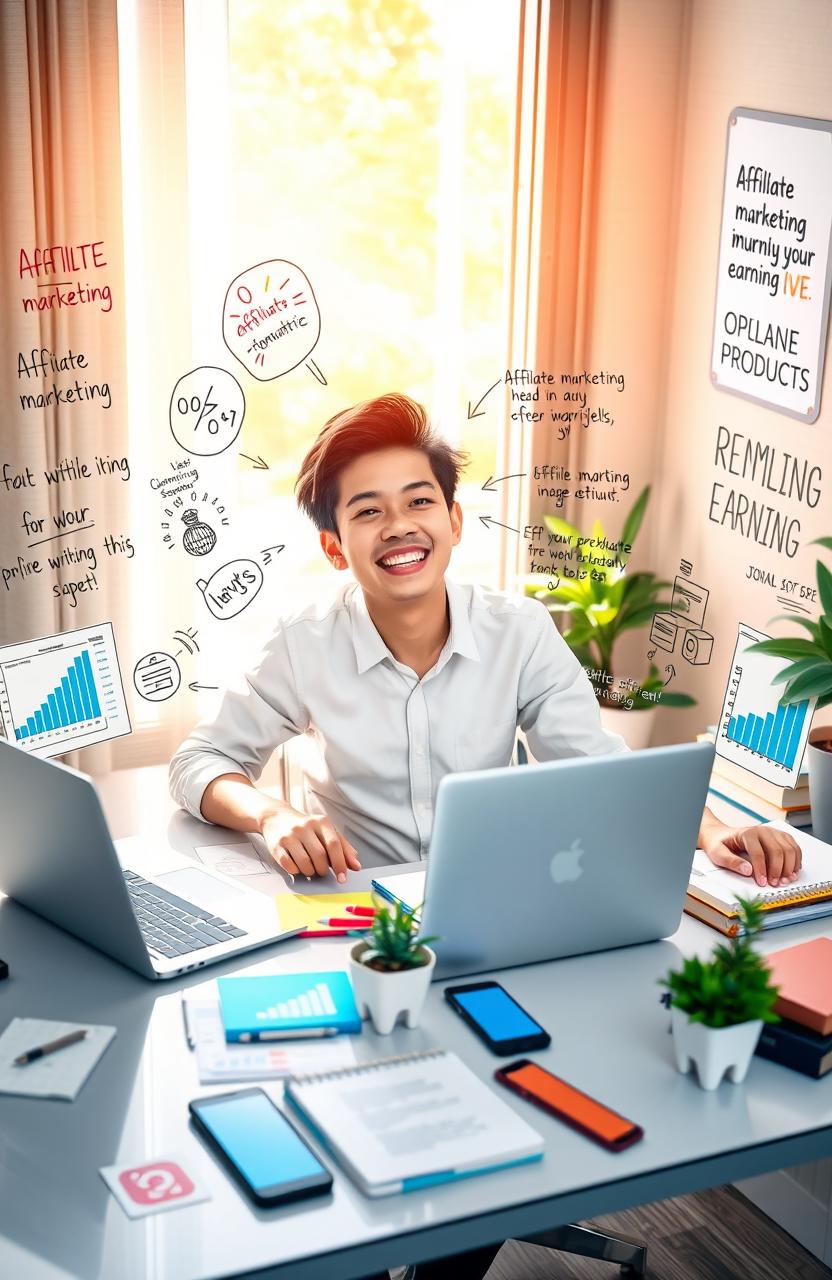 A visually inspiring scene depicting a person sitting at a modern desk, surrounded by multiple digital devices such as a laptop, tablet, and smartphone, each displaying graphs and icons representing various online earning methods like affiliate marketing, e-commerce, and digital products