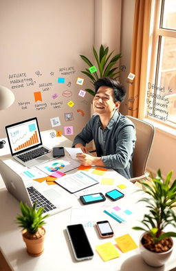 A visually inspiring scene depicting a person sitting at a modern desk, surrounded by multiple digital devices such as a laptop, tablet, and smartphone, each displaying graphs and icons representing various online earning methods like affiliate marketing, e-commerce, and digital products