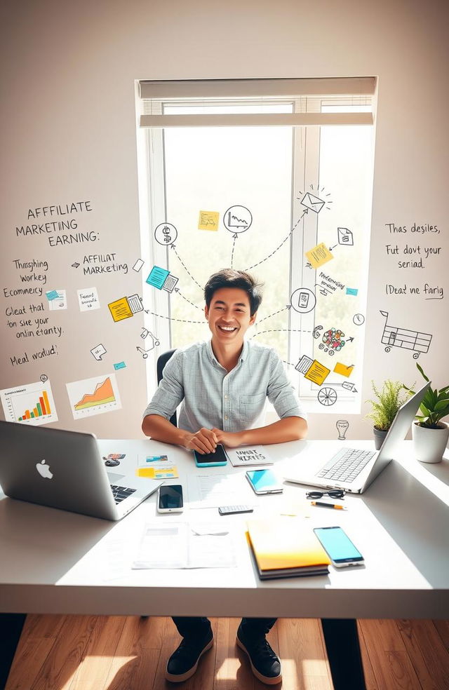 A visually inspiring scene depicting a person sitting at a modern desk, surrounded by multiple digital devices such as a laptop, tablet, and smartphone, each displaying graphs and icons representing various online earning methods like affiliate marketing, e-commerce, and digital products