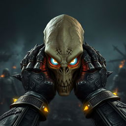 A dramatic scene featuring Warhammer-style hands gripping an alien head, showcasing elaborately designed armor with intricate engravings and glowing runes