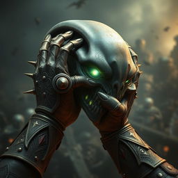 A dramatic scene featuring Warhammer-style hands gripping an alien head, showcasing elaborately designed armor with intricate engravings and glowing runes