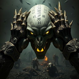 A dramatic scene featuring Warhammer-style hands gripping an alien head, showcasing elaborately designed armor with intricate engravings and glowing runes